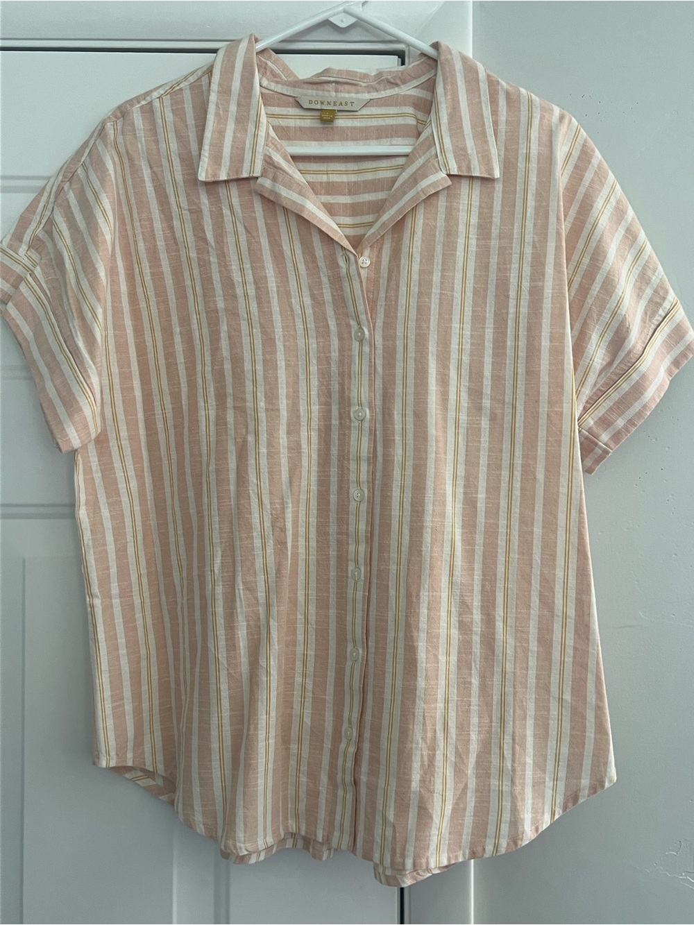 DownEast Peach and Cream Striped Button-Down Shirt